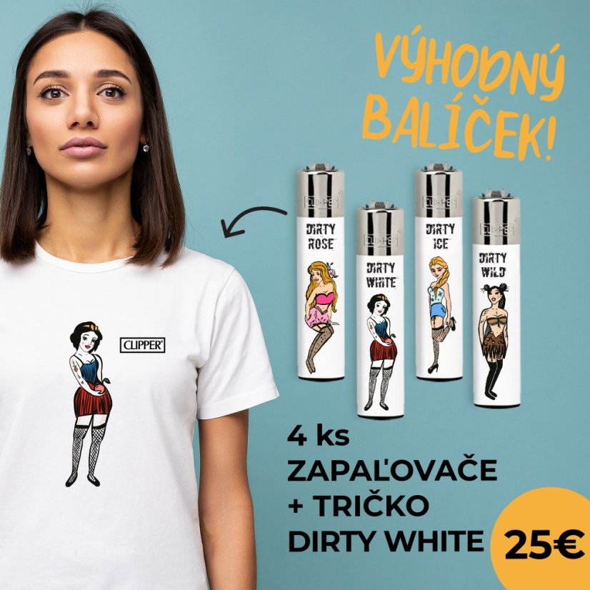 Výhodný balíček UNISEX Tričko kolekce Dirty White a 4ks zapaľovačov CLIPPER®