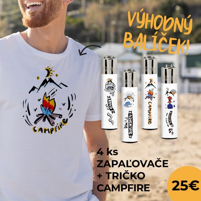 Výhodný balíček UNISEX Tričko kolekce Forest Life - Campfire a 4ks zapaľovačov CLIPPER® - white - Velikost: M
