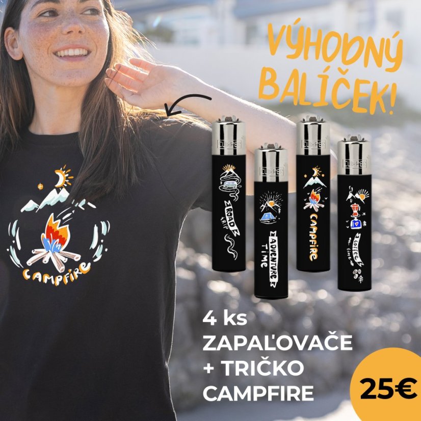 Výhodný balíček UNISEX Tričko kolekce Forest Life - Campfire a 4ks zapaľovačov CLIPPER® - black - Velikost: XL