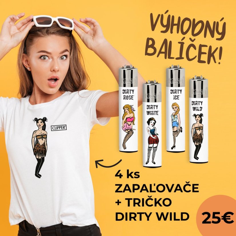 Výhodný balíček UNISEX Tričko kolekce Dirty Wild a 4ks zapaľovačov CLIPPER® - Velikost: XL