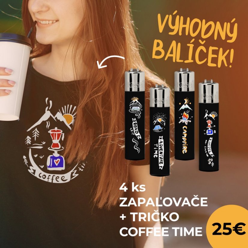 Výhodný balíček UNISEX Tričko kolekce Forest Life - Cofee Time a 4ks zapaľovačov CLIPPER® - black - Velikost: XXL