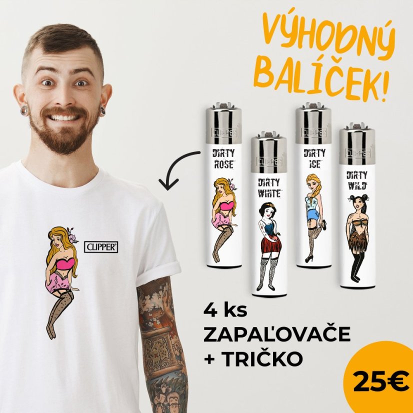 Výhodný balíček UNISEX Tričko kolekcie Dirty Rose a 4ks zapaľovačov CLIPPER® - Veľkosť Trička: S