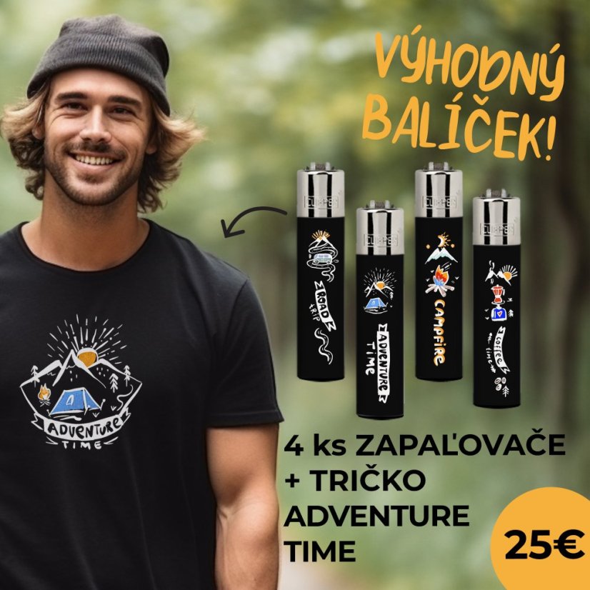 Výhodný balíček UNISEX Tričko kolekcie Forest Life - Adventure Time a 4ks zapaľovačov CLIPPER® - black