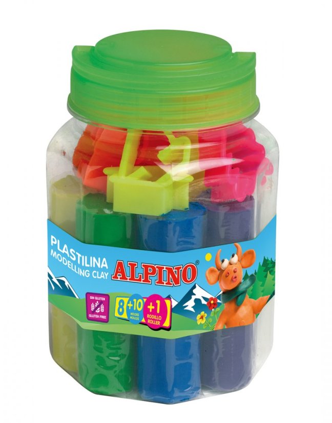 DP000054 01 Kit plastilina Alpino BOTE hex. 8 col. 80 grs. 10 moldes rodillo
