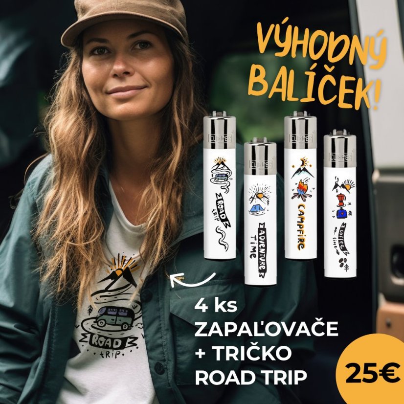 Výhodný balíček UNISEX Tričko kolekce Forest Life - Road Trip a 4ks zapaľovačov CLIPPER® - white - Velikost: XXL