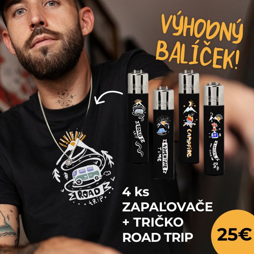 Výhodný balíček UNISEX Tričko kolekce Forest Life - Road Trip a 4ks zapaľovačov CLIPPER® - black - Velikost: M